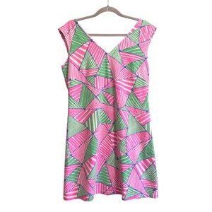 Mahi Gold pink & green geometric cotton & Lycra sleeveless v-neck dress, size XL